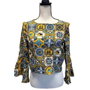 Global Desi Mustard Floral Mosaic Print Crop Top Size Medium